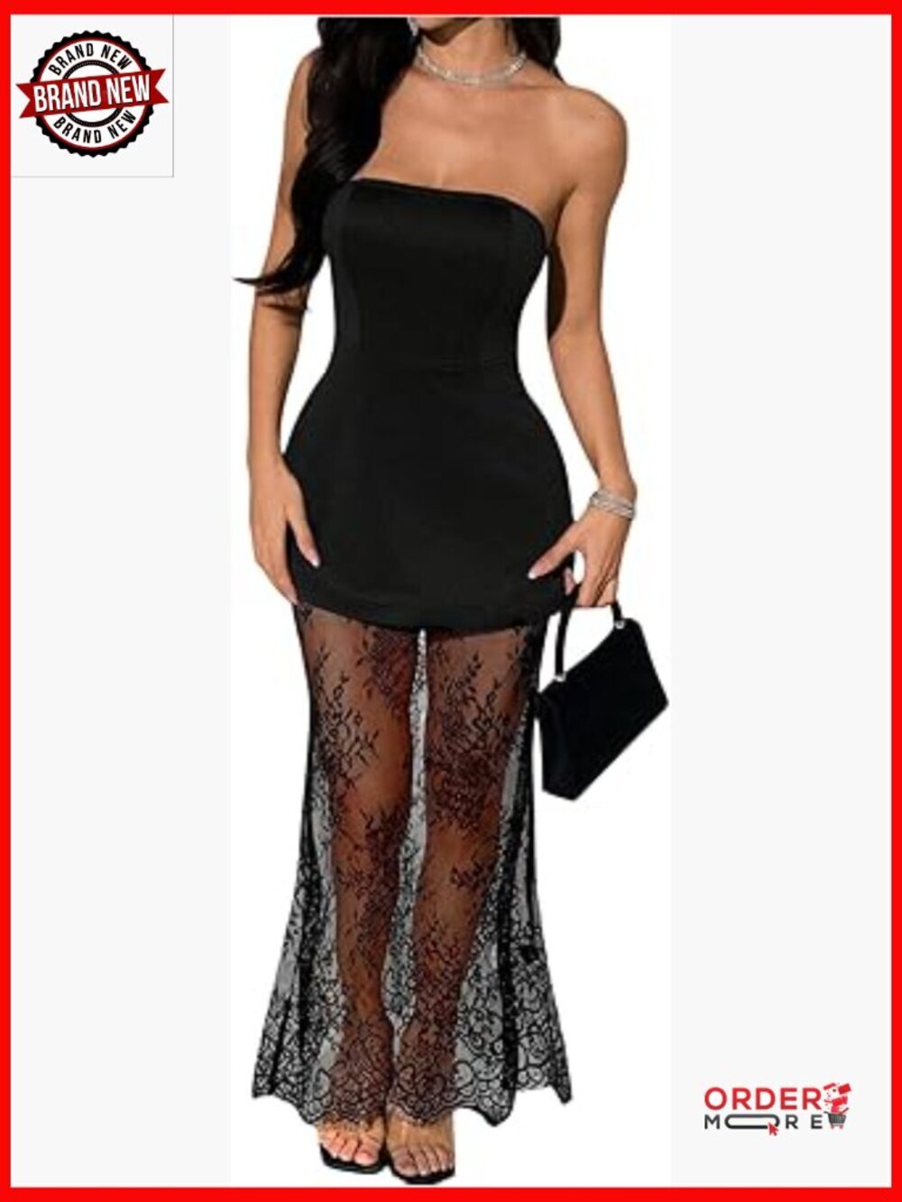 Strapless A-Line Bustier Top & Sheer Lace Maxi Skirt Set 2-Piece